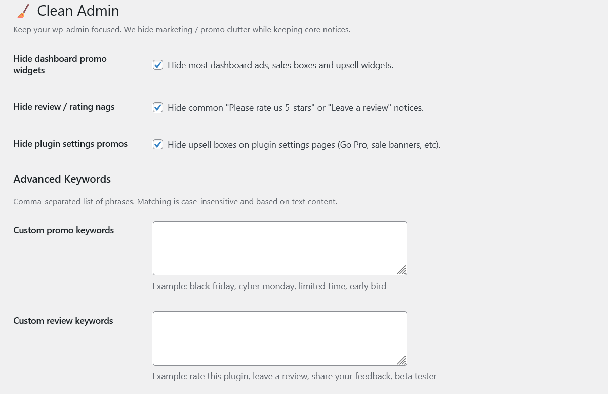 Bros Clean Admin – Hide Dashboard Ads Screenshot 1