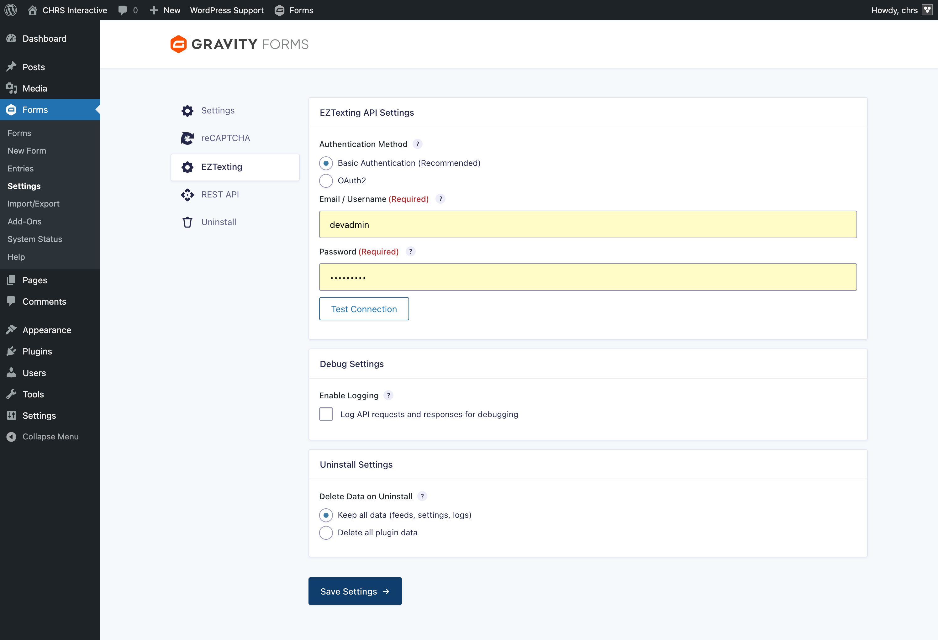 CHRS EZTexting Sync for Gravity Forms Screenshot 1