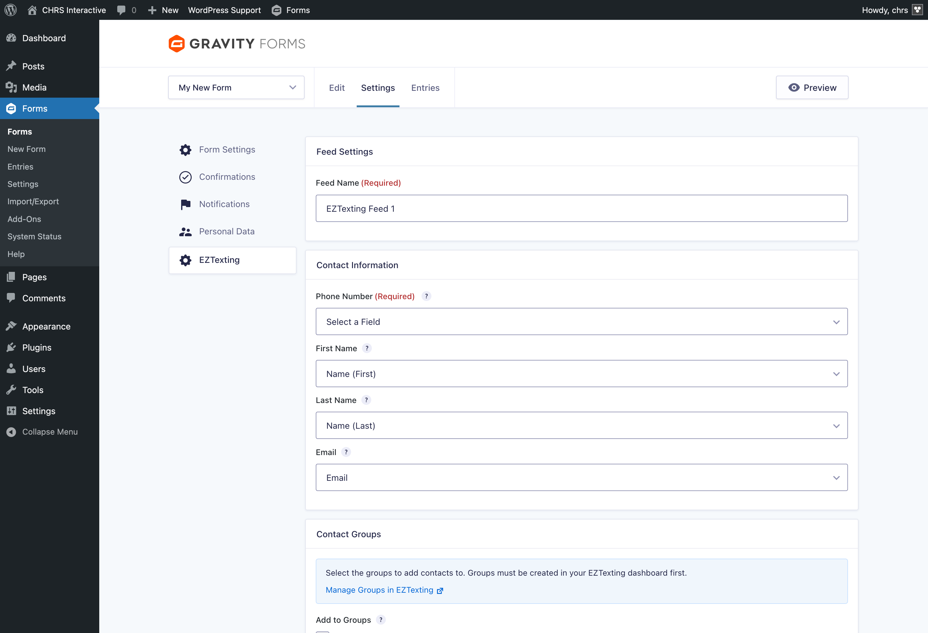 CHRS EZTexting Sync for Gravity Forms Screenshot 2