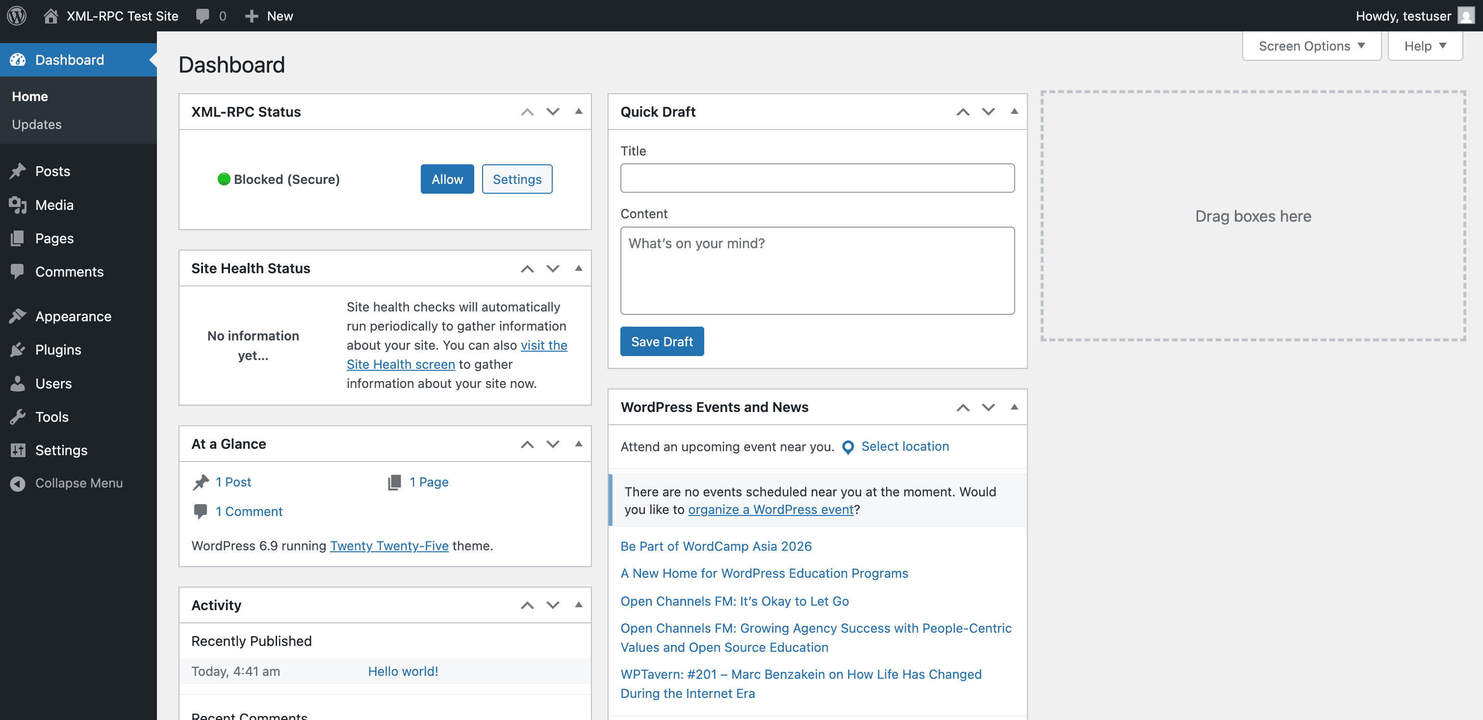 Disable XML-RPC – Dashboard Control Screenshot 1