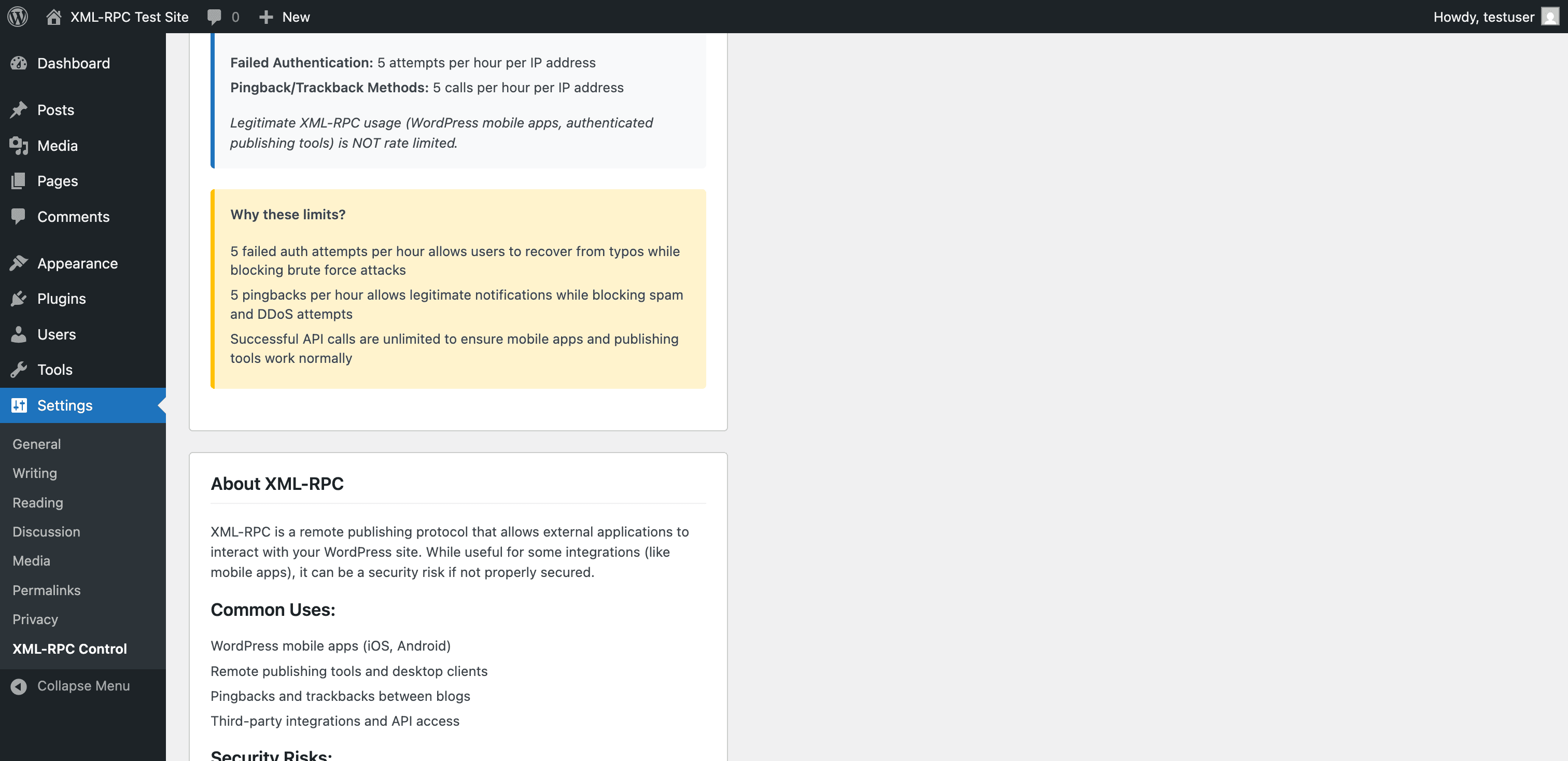 Disable XML-RPC – Dashboard Control Screenshot 4