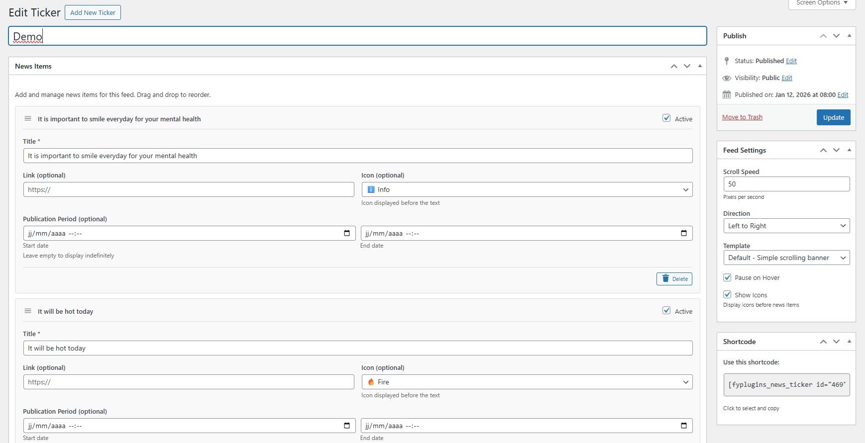 FYP News Ticker – Scrolling News Banner & Announcement Bar for WordPress Screenshot 1