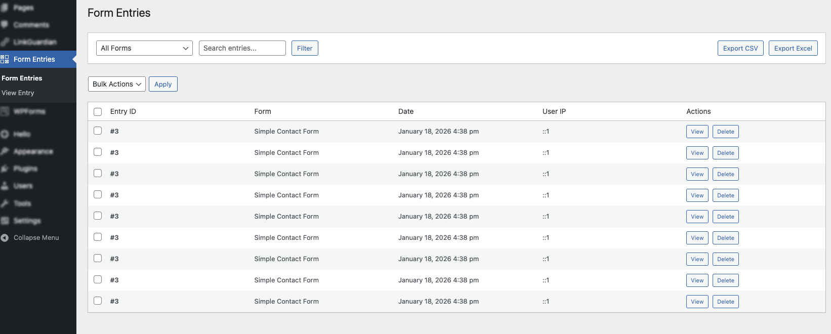 Vishavjeet Entry Manager WPForms – Manage and Export Form Entries Screenshot 1