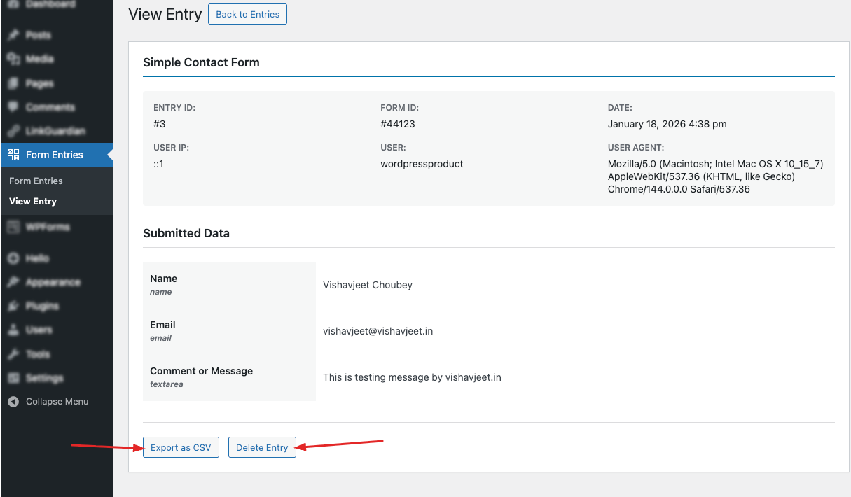 Vishavjeet Entry Manager WPForms – Manage and Export Form Entries Screenshot 3